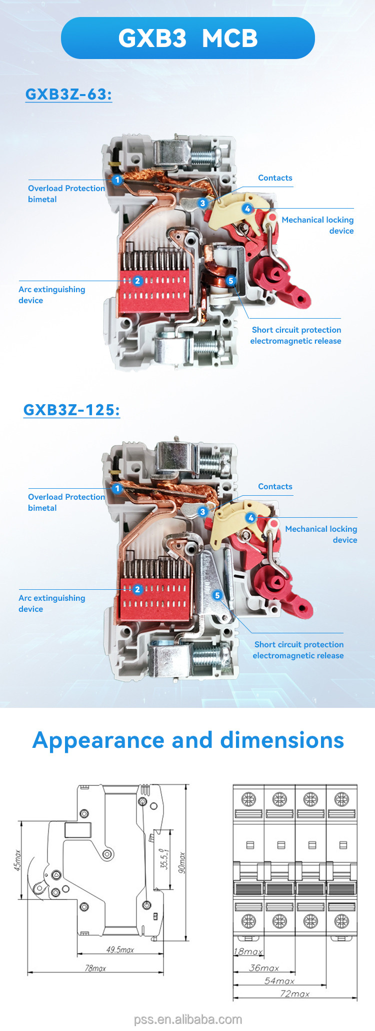 AC миниатюрен автоматичен прекъсвач GXPR GXB3 1P 2P 3P 4P08
